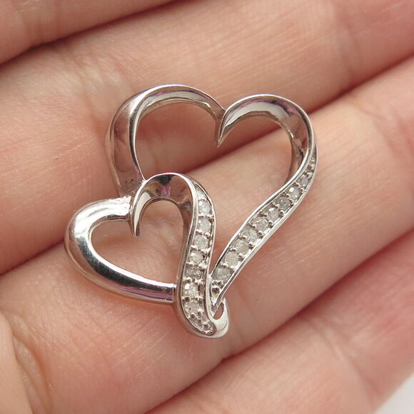 Other - 925 Sterling Silver Real White Diamond Couple of Hearts Pendant